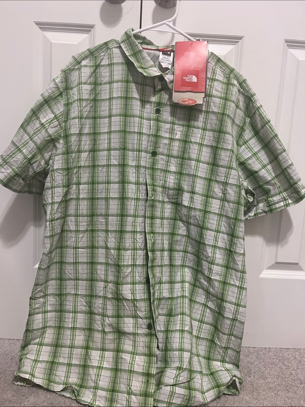 The North Face Green and White Plaid Short-Sleeve Button-Up Shirt